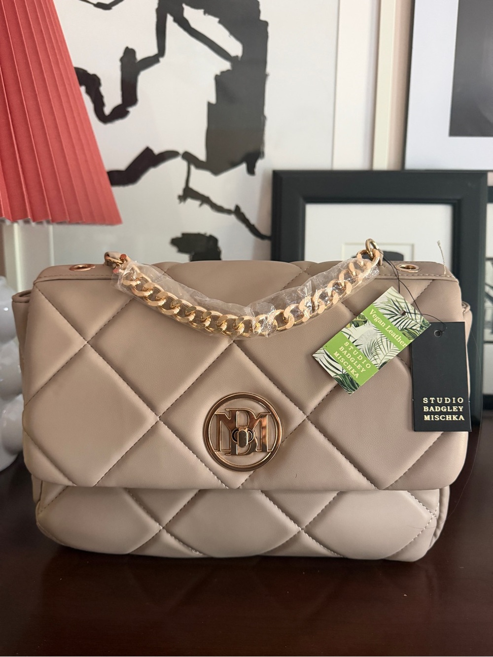 Badgley Mischka Quilted Taupe Shoulder Bag with Gold Chain Detail